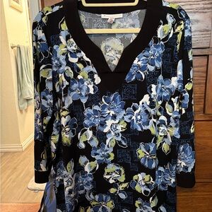 JM Collection Blue Floral V-Neck Blouse